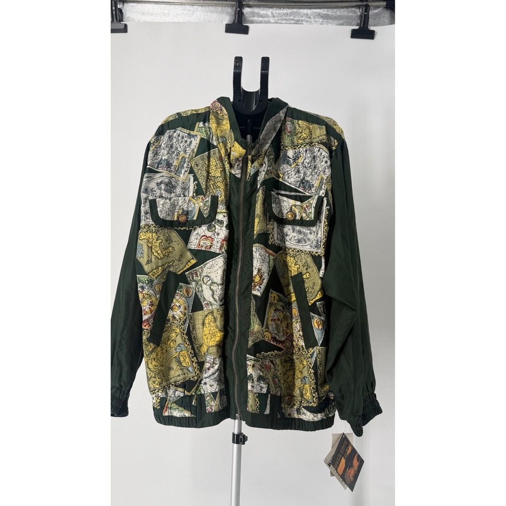 River Edge‎ Vintage 100% Pure Silk Map Print Bomber Jacket Ivy Green XL Compass